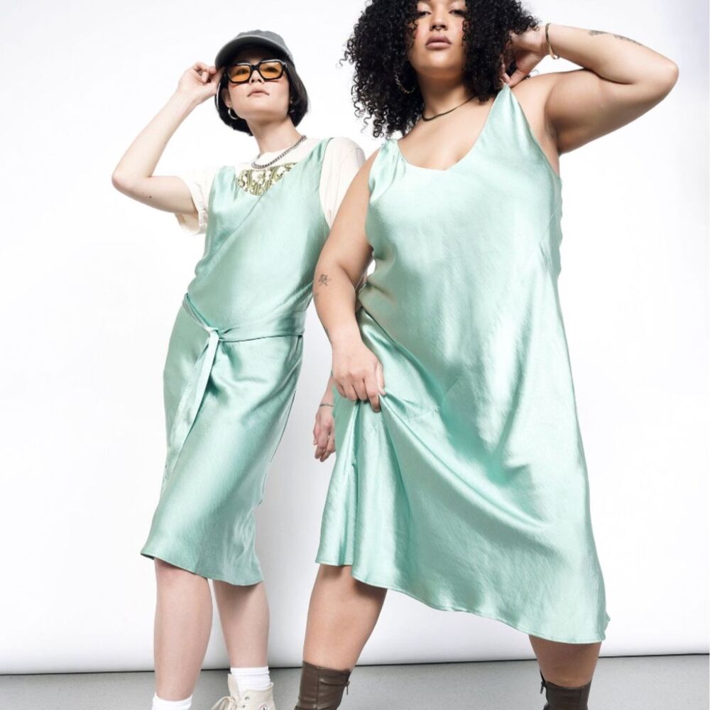 Wildfang The Empower Adjustable Satin Slip Dress Sage Green XS